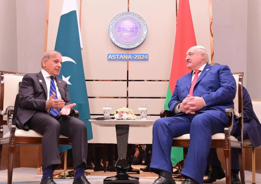 Astana : Prime Minister Muhammad Shehbaz Sharif meets with President of the Republic of Belarus H.E. Aleksandr Lukashenko on the sidelines of Shanghai Cooperation Organisation Summit on 4 July 2024.