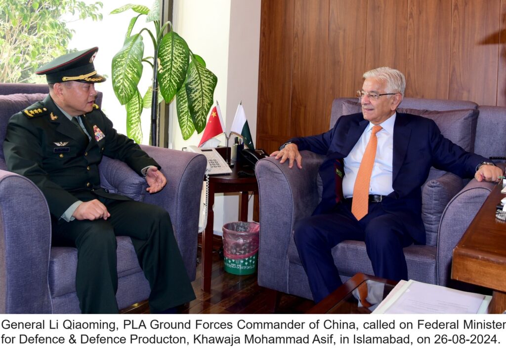 General Li Qiaoming, PLA Ground Forces Commander of China called on Minister for Defence & Defence Producton, Khawaja Mohammad Asif here in his Office Islamabad today. Minister for Defence welcomed the dignitary and stated that friendship with China is a corner-stone of Pakistan’s Foreign Policy based on convergence of views on regional and global issues.