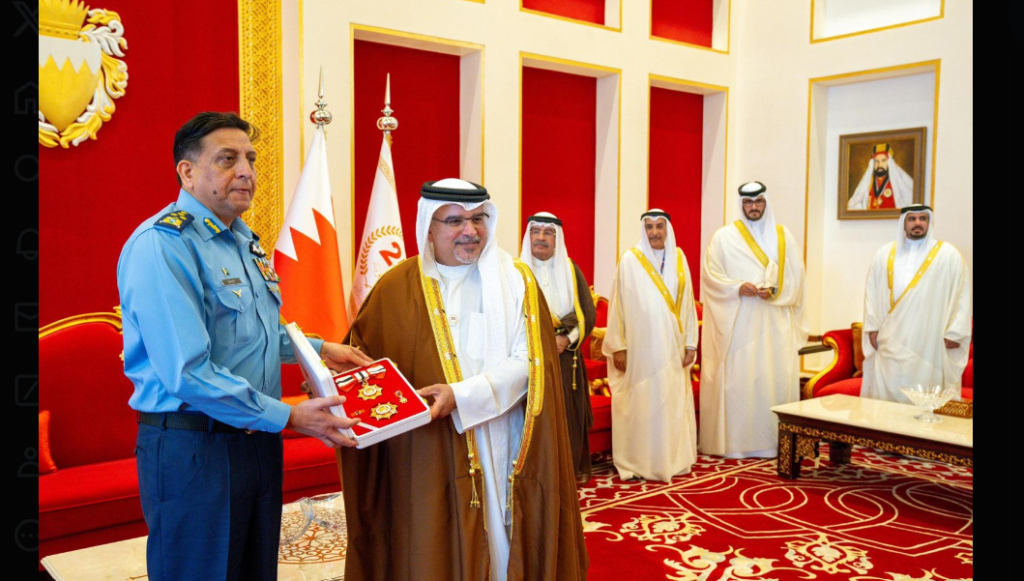 On behalf of His Majesty King Hamad bin Isa Al Khalifa, His Royal Highness Prince Salman bin Hamad Al Khalifa, Deputy King of Kingdom of Bahrain, conferred Bahrain Medal - First Class upon Air Chief Marshal Zaheer Ahmed Baber Sidhu, Chief of the Air Staff, Pakistan Air Force at Sakhir Air Base, Bahrain