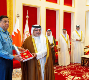 On behalf of His Majesty King Hamad bin Isa Al Khalifa, His Royal Highness Prince Salman bin Hamad Al Khalifa, Deputy King of Kingdom of Bahrain, conferred Bahrain Medal - First Class upon Air Chief Marshal Zaheer Ahmed Baber Sidhu, Chief of the Air Staff, Pakistan Air Force at Sakhir Air Base, Bahrain